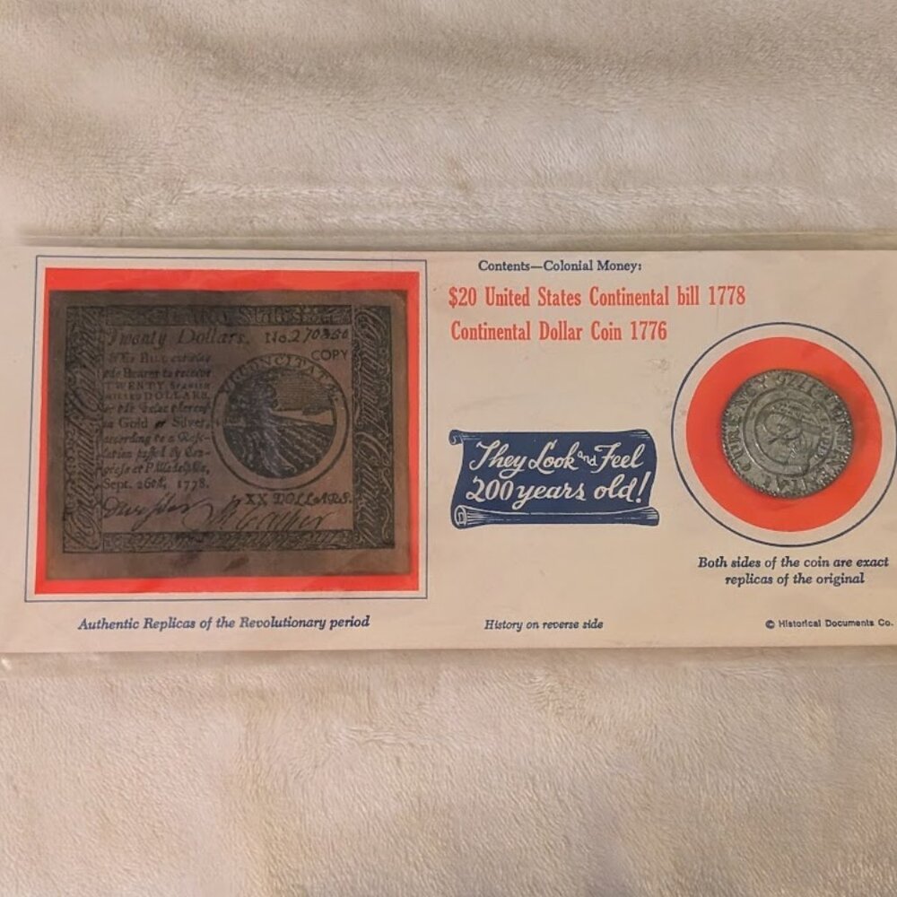 O1 1973 REPLICA of Revolutionary Perio 1776 $ Coin & 1778 20 US Continental Bill